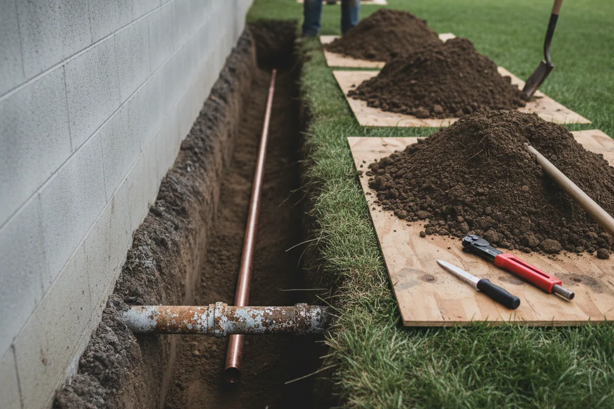 Excavated water line trench during Water Softener Installation in Corrigan